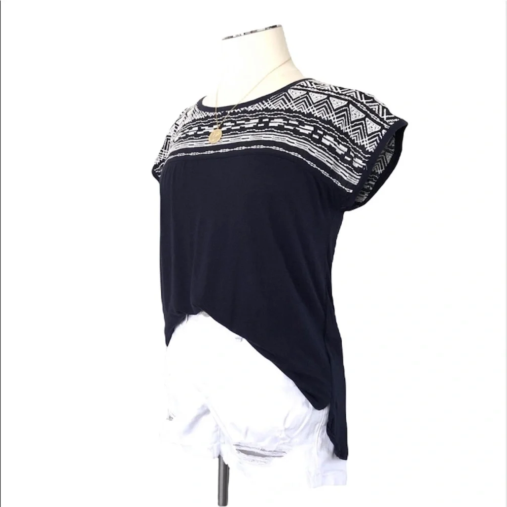 ESPRIT Aztec Embroidered Cotton Blend Cap Sleeve Tee Top Navy White Sz XS - Picture 10 of 10